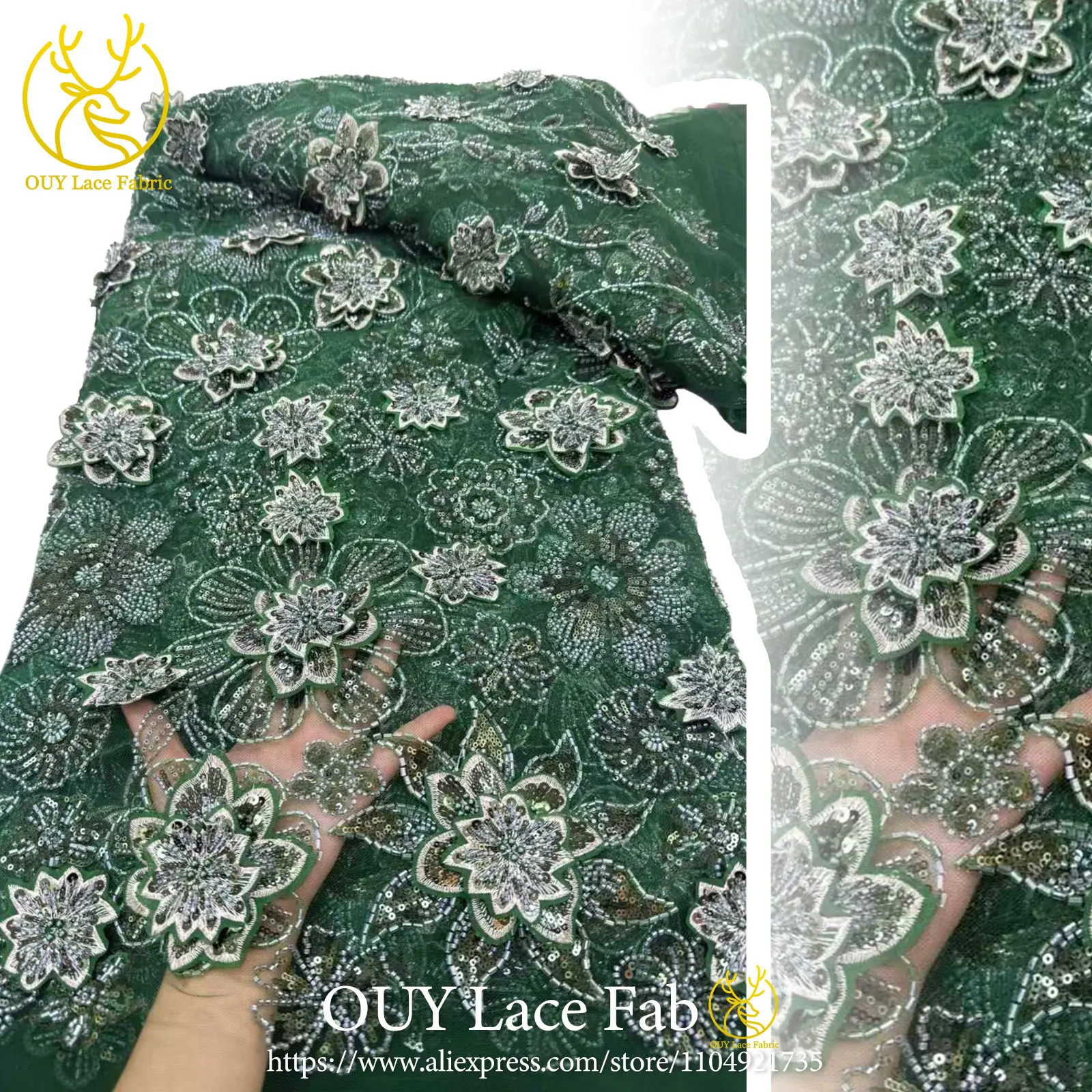 

3D African Bridegroom Embroidered Beaded Lace Fabric 2026 French-Style Premium Nigerian Sequin Tulle Lace Fabric Wedding Gown