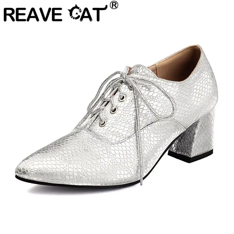 

REAVE CAT 2025 Сексуальные модные женские туфли-лодочки с острым носком на блочном каблуке 6 см на шнуровке Большой размер 41 42 43 Блестящая офисная женская повседневная обувь