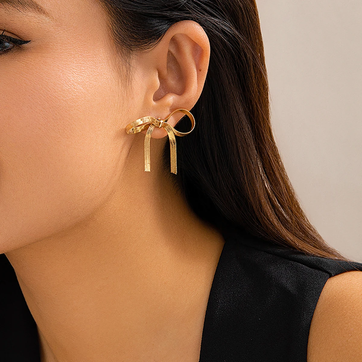 Salircon Korean Simple Snake Chain Bow Stud Earrings Vintage Aesthetics Gold Color Earrings Women\'s Banquet Party Jewelry Gift
