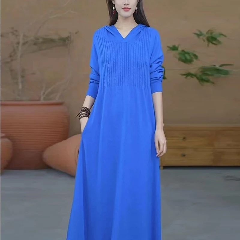 

Autumn Winter Solid Color Loose Casual Hooded Knitting Maxi Dress Ladies Oversized Fashion All-match Bottomed Robe Vestido Women