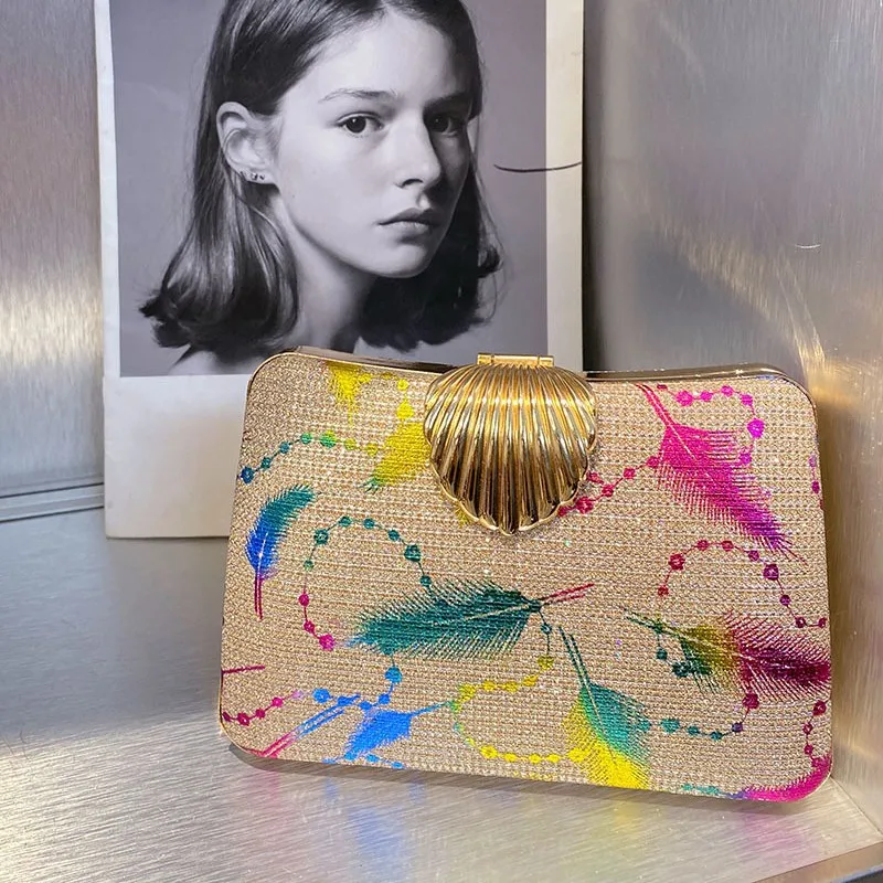 

Art Feather Printed Chain Handbag Banquet Bag Crossbody Small Square Bag Unique Handbag