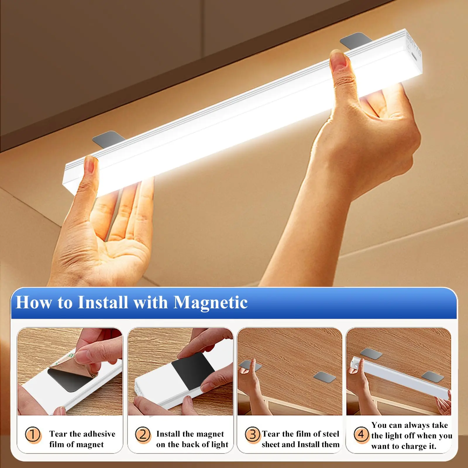 LED Motion Sensor Light USB Rechargeable Night Lamp Wireless Closet Light Wardrobe Lamp Staircase Backlight For Kitchen