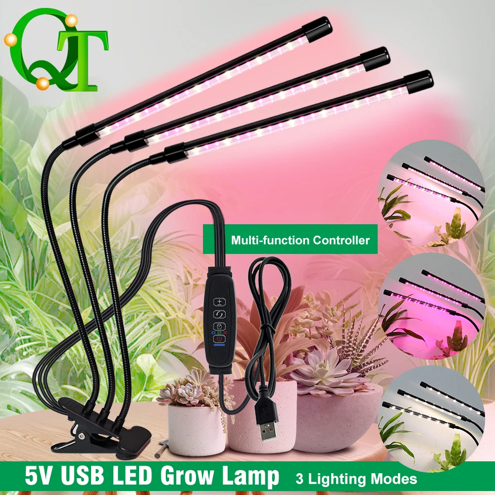 Clip-On LED Grow Light with Gooseneck, 2/3/4-Head Growing Lamp Kit, 5V USB Powered, Timer & Dimmable, for Greenhouse Hydroponics