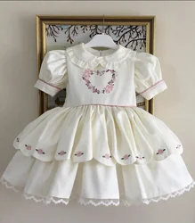 0-12Y Baby Girl Summer Pink Heart Flower Embroidery Turkish Vintage Lolita Princess White Dress for Birthday Holiday Casual Eid