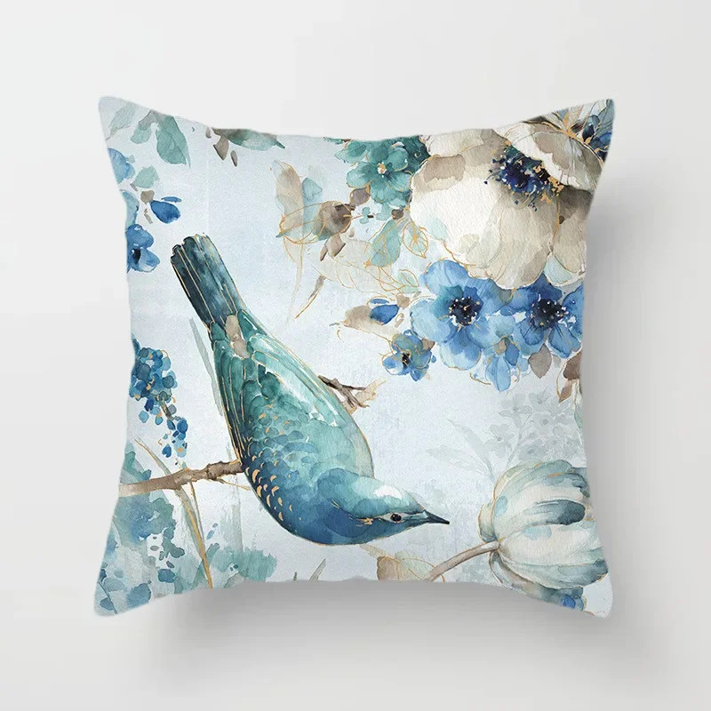 Blue flower and bird printed cushion cover polyester square sofa pillowcase home decoration office waist pillowcase45x45cm