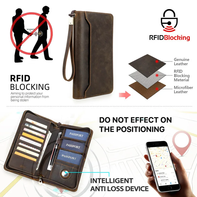 British Style Top Layer Cowhide Anti Theft Brush Travel Clip  Multi Functional Genuine Leather Wallet Female Family Passport Bag