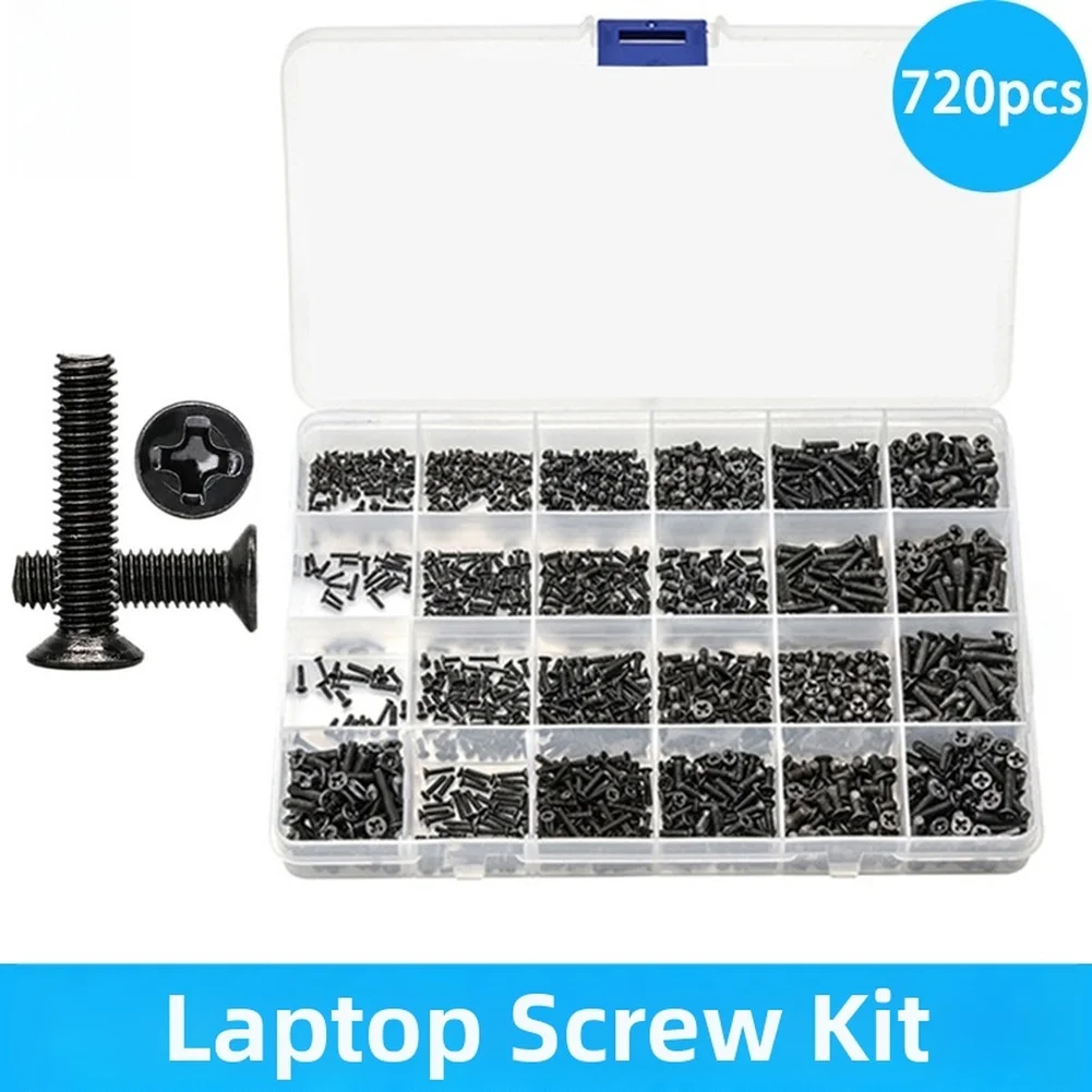 720/1100Pcs Black Carbon Steel Self Tapping Screws Kit Cross Recessed Head Assorted Sizes For Wood Metal Plastic DIY Repair