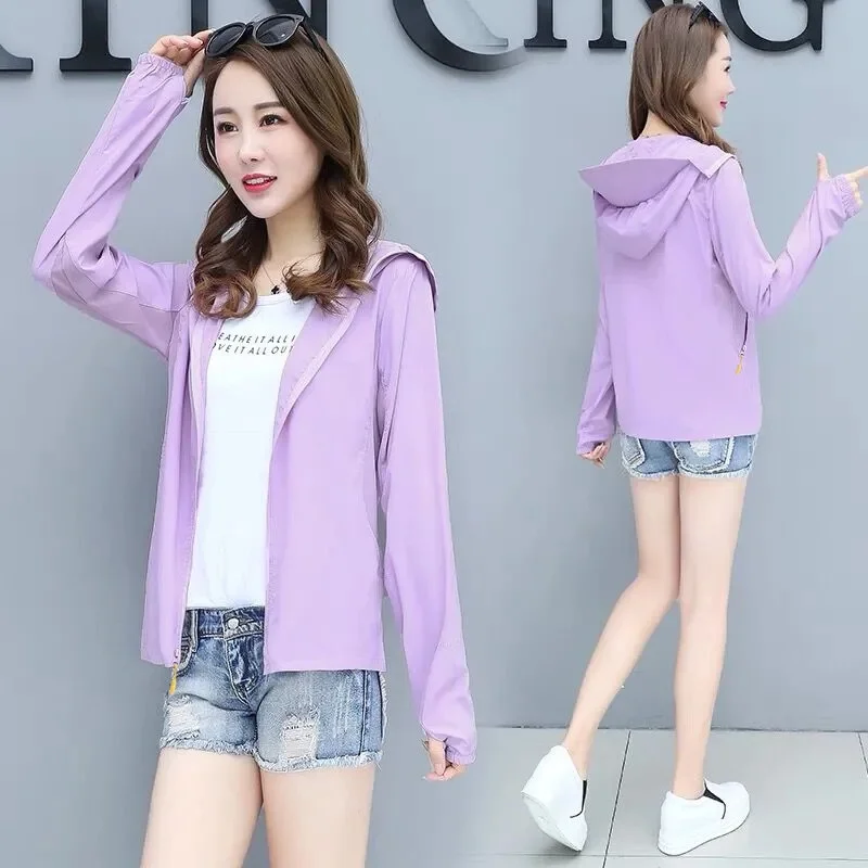 

Sun Protection Clothing Women's 2023 Summer New Mid-Length Korean Outdoor Cycling Loose Thin Zipper Hooded Windbreaker Purple