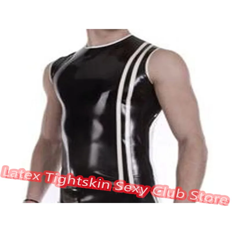 

Латексная мужская рубашка без рукавов ручной работы, мужские сексуальные топы, резиновая майка, жилет с белой отделкой, карнавальный костюм
