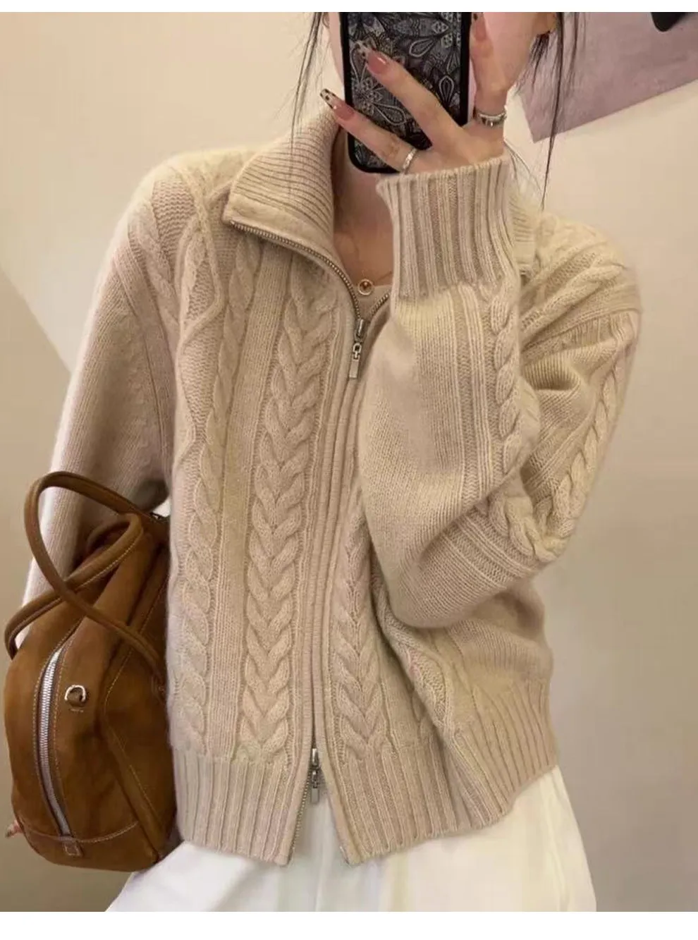 High-grade high-necked zipper twist cashmere sweater coat women's loose lapel knit cardigan in autumn and winter