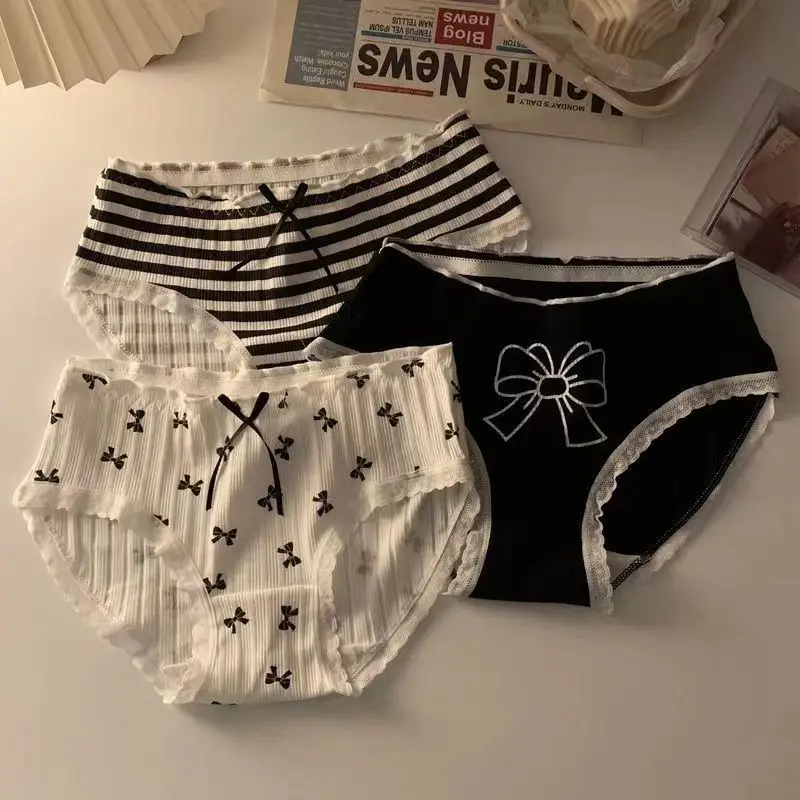 5 Pcs Female Underwear for Women Lace Plaid Panties Korean Mid Rise Pack Set Lingerie Schoolgirl 2024 Cute Bow Summer Briefs New