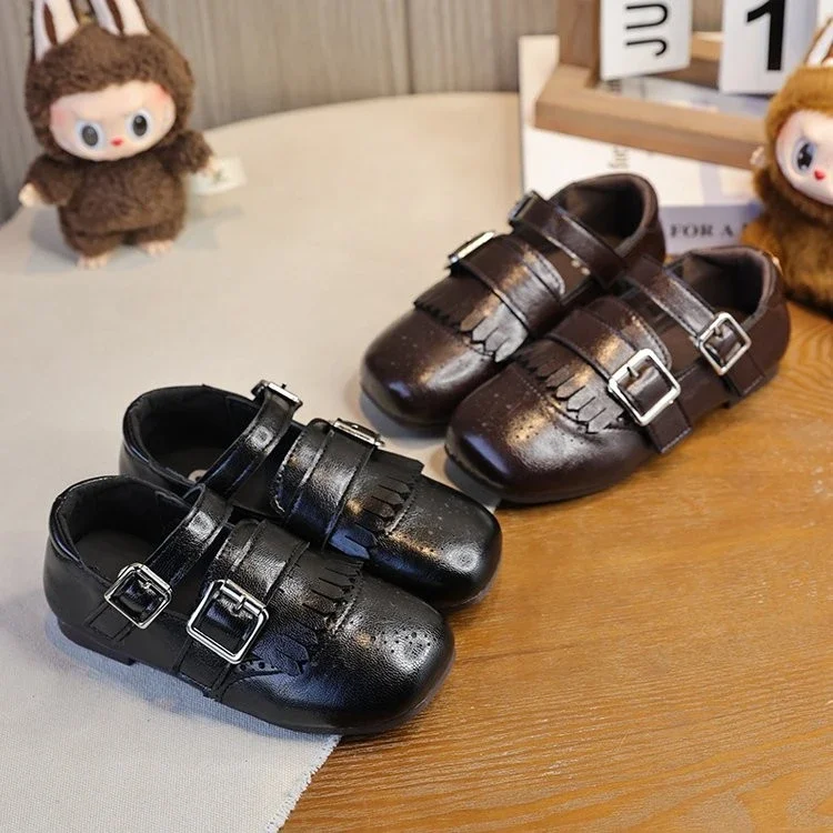 Unisex Kids Retro Fringe Brogue Dress Shoes, Double Metal Square Buckle Strap Soft‑Sole Casual Mary Jane Flat Shoes