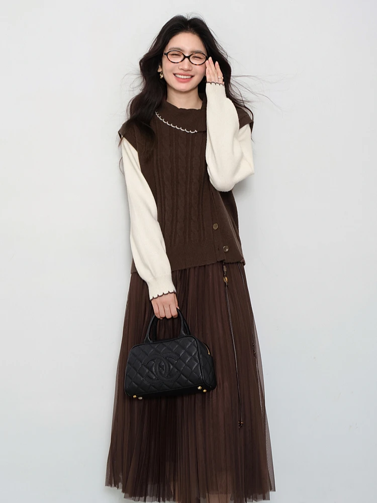 ALXNAN Braune Pullover für Damen, gefälschte zweiteilige Farbblock-Patchwork-Knopfpullover, atmungsaktiv, bequem, gestrickte Oberteile, L57733