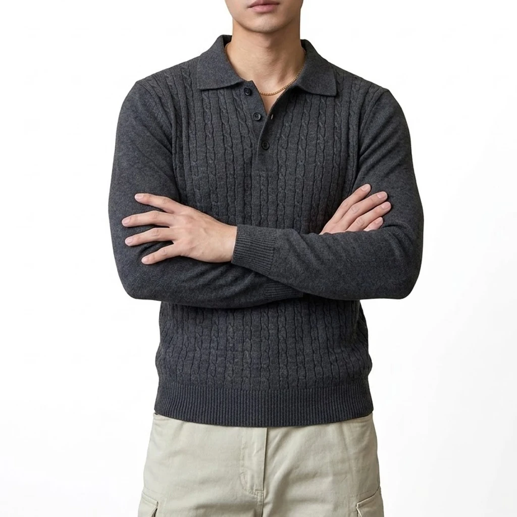 Autumn Men's Casual Cable Knit Sweater Long Sleeve Button Down Polo Lapel Collar Pullover Top Soft Warm Knitwear Jumpers Gym Man