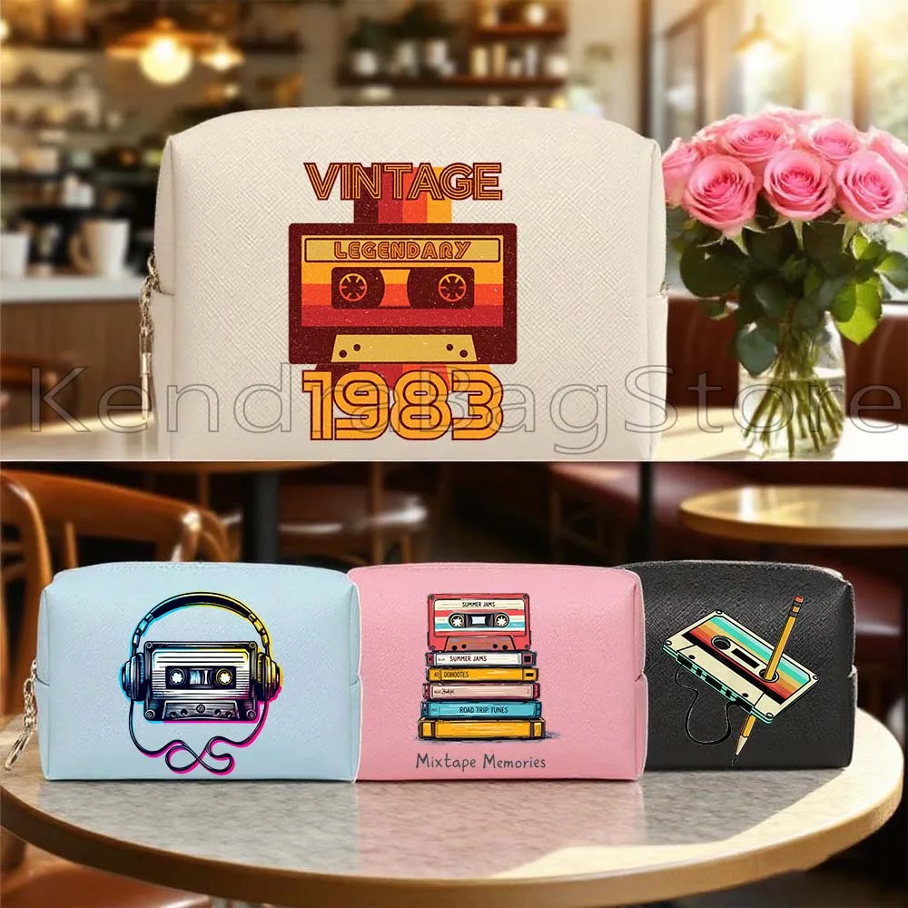 

Retro Floral 80s Cassette Tape Pencil 1980s Mixtape Music Gifts PU Leather Cosmetic Bag Women Makeup Case Waterproof Storage Bag