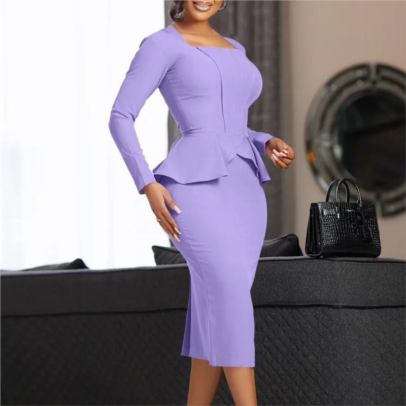 2025 SolidPeplum Ruffles Long Plus Size Dress Women Long Sleeve Large Big Dresses Spring Slim Fit Party Tight Curvy Dress