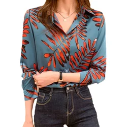 New chic leaves printing ladies shirts Women's Blouses 2023 Spring summer Long Sleeve Shirts Tops Blusas Mujer