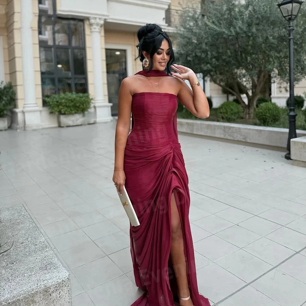 Sexy eenvoudige zeemeermin damesavondjurken strapless galajurken op maat gemaakte mouwloze zijsplit vestidos de fiesta elegantes