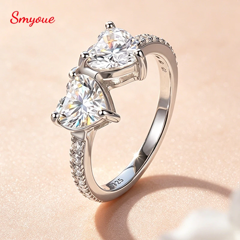 

Smyoue Certified Heart Cut Moissanite Rings for Women Double Sparkling Vintage Wedding Band Lab Diamond Jewelry Pure 925 Silver