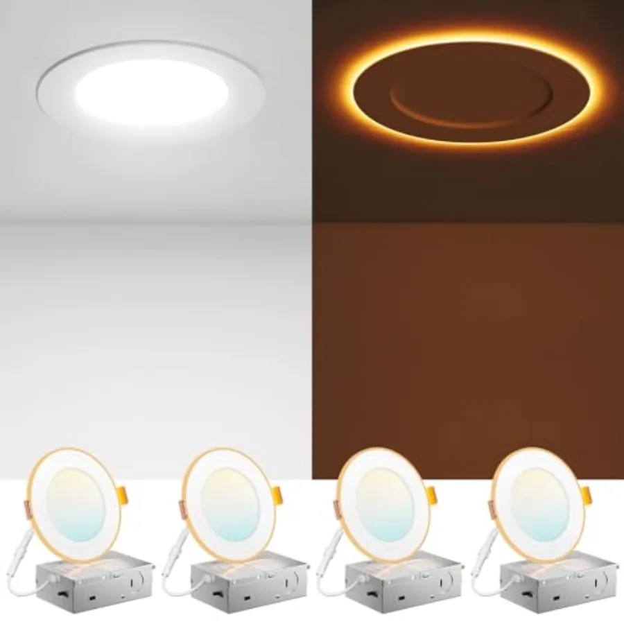 4 Pack 4 Inch 5CCT LED Recessed Ceiling Light with Night Light, 2700K/3000K/3500K/4000K/5000K Selectable Ultra-Thin Recessed Li