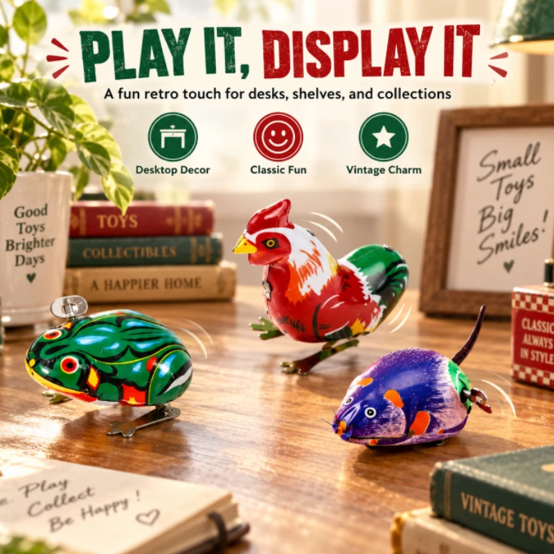 Vintage Tinplate Wind‑Up Animal Ornament Set, Clockwork Powered Jumping Frog Rooster Mouse Model, Desktop Collectible Gift Item