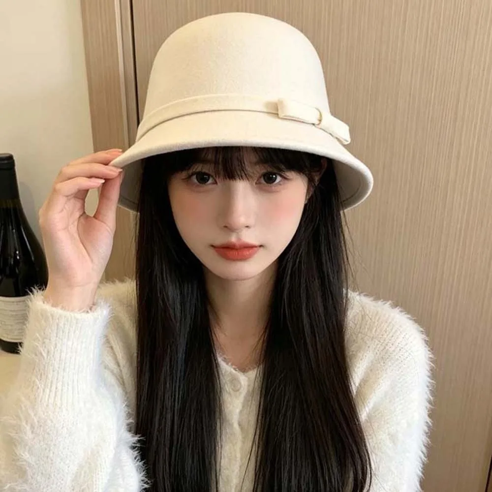Korean Style Winter Woolen Hat Warm Fleece Solid Color Retro Cloche Cap Cute Bow Chic Design Elegant Bucket Hat Elegant Women
