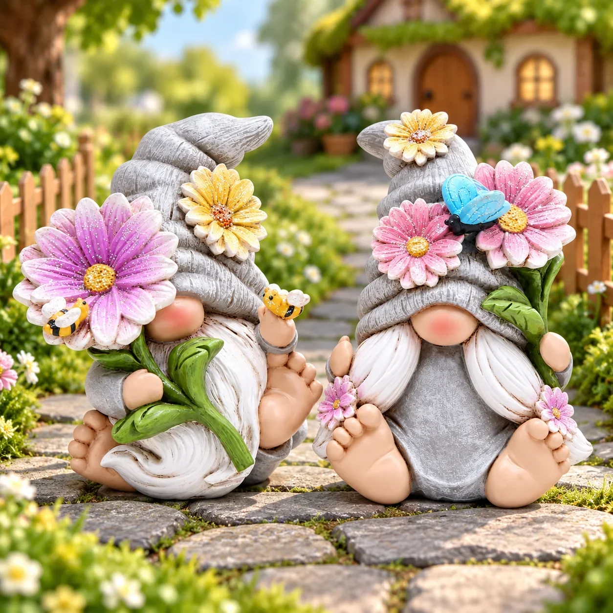 Hodao Cute Flower Gnome Figurines Set of 2, Resin Garden Couple with Bee and Butterfly, Spring Desktop Shelf Decor New Home Gift