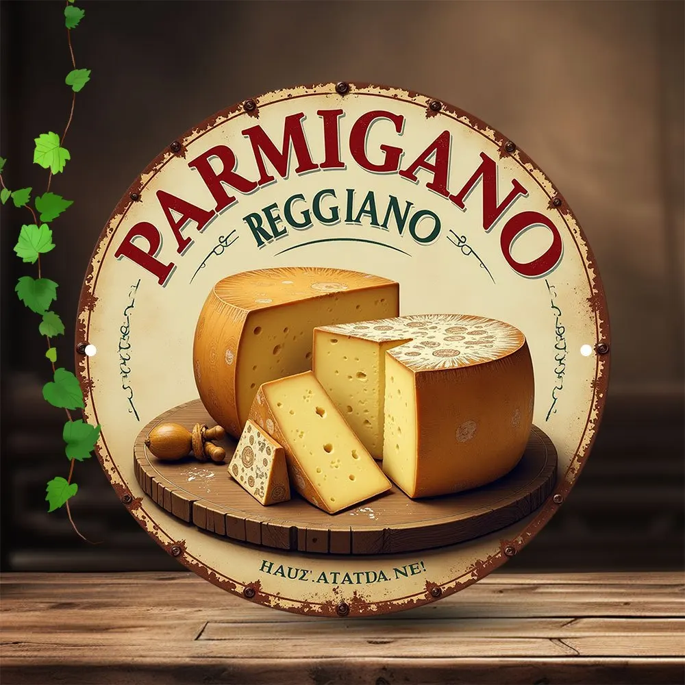 2D Flat - Parmesan Cheese 2D Flat Vintage Metal Wall Sign - Retro Tin Decoration in 8.0X8.0 inch with Pre-Drilled Holes, Rusti