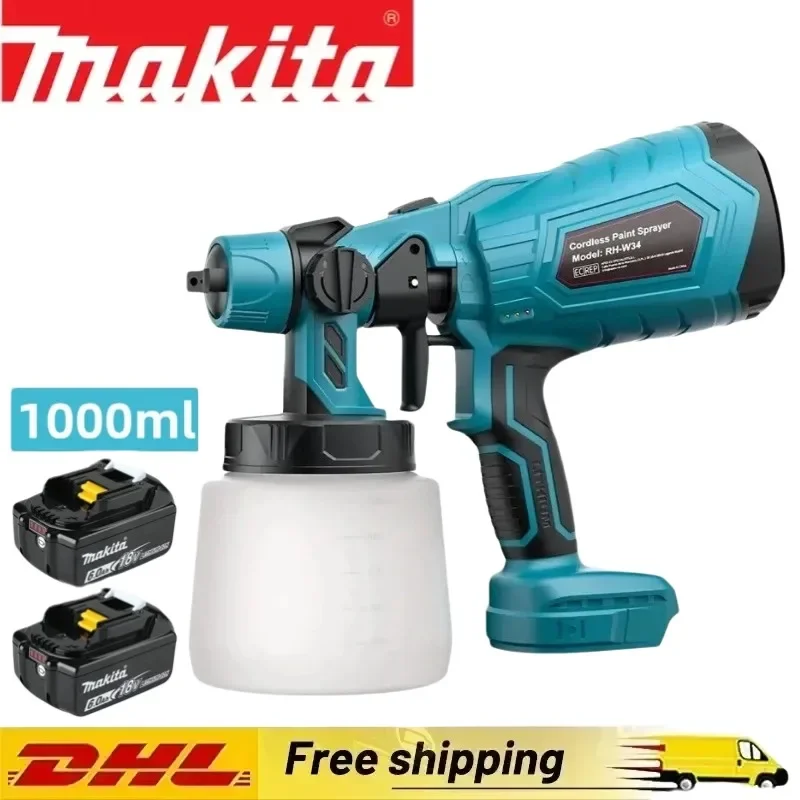 Makita Electric Paint Spray Gun For BL1860 18V Battery 1L Cordless Portable Paint Sprayer Set Auto Furniture Spray Painting Tool