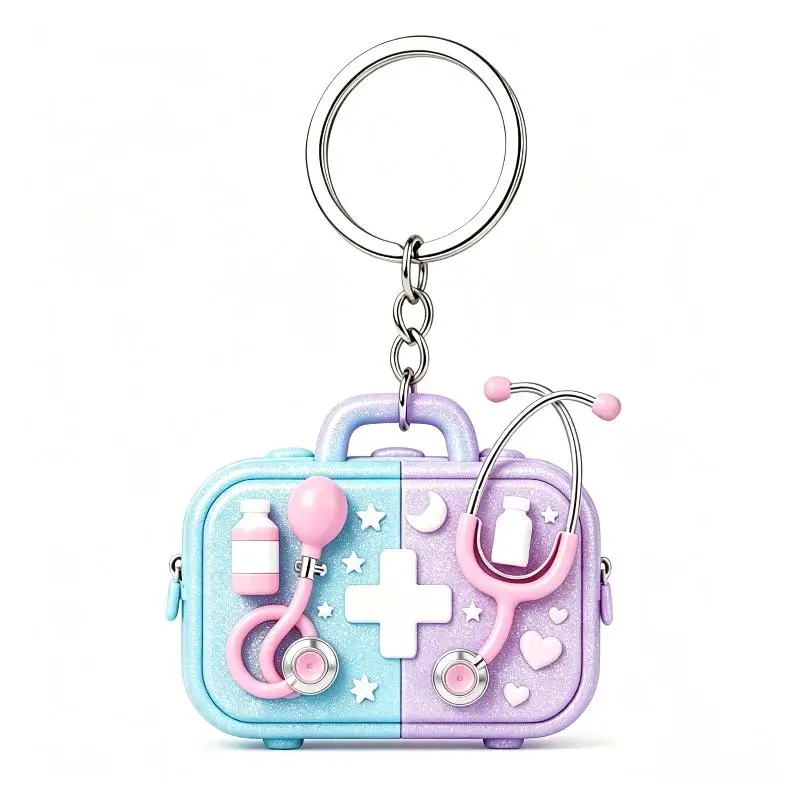 2D Acryl Flaches Rosa Stethoskop Blutdruckmessgerät Acryl Schlüsselanhänger Set Niedliches Geschenk für Krankenschwestern Ärzte Schreibtischdekoration – Detail 2