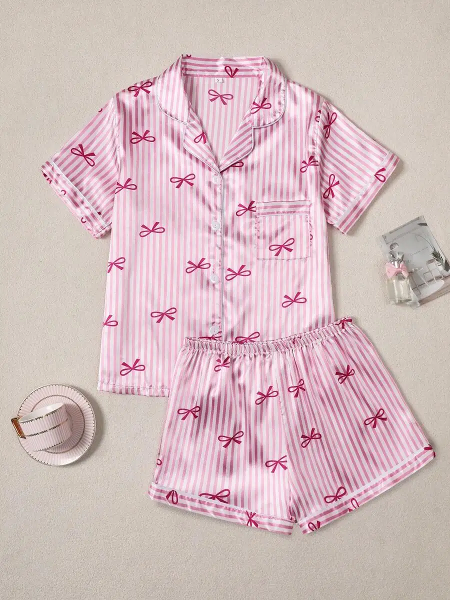 

Розовый полосатый пижамный комплект с бантом и принтом, с короткими рукавами, для женщин