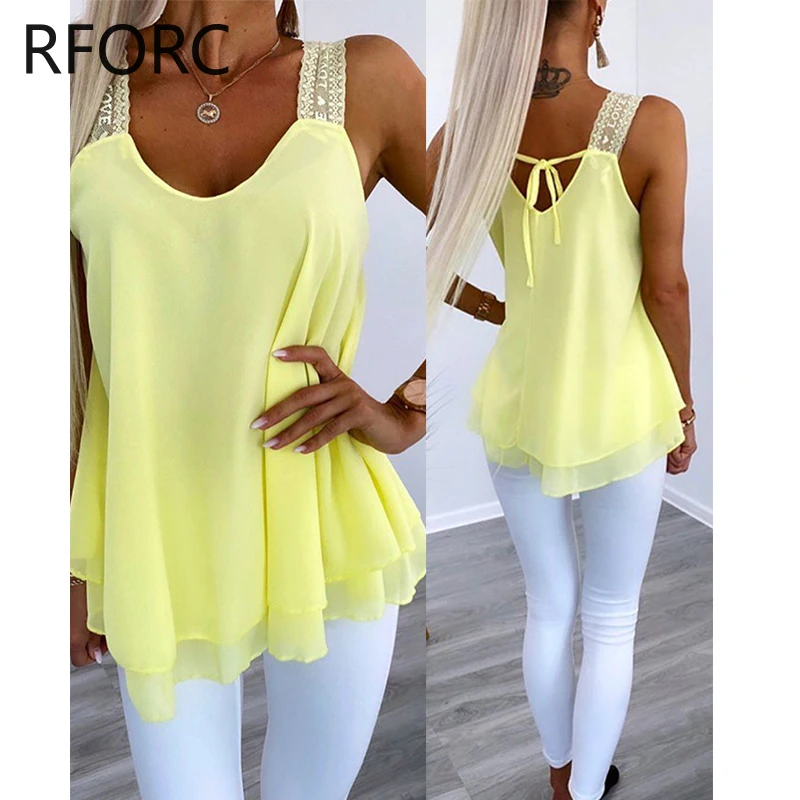 

2024 Women Solid Lace Straps Fashionable Chiffon Round Neck Lace Up Casual Camis Crop Tops