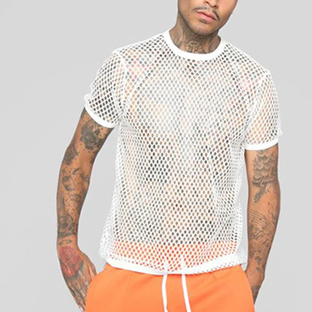 

Tee Men Shirts Summer Sexy Sheer Shirt Short Sleeve Spring T Shirts Transparent Crew Neck Hollow Mesh Nightclub