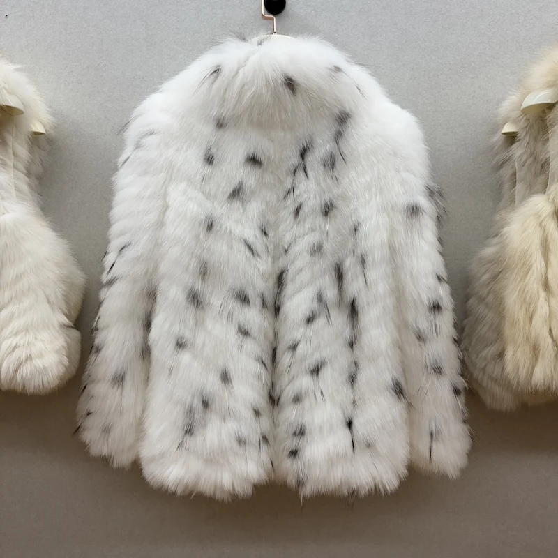 Women Real Fox Fur Strip Knitted Coat Natural Speckled White Grey Genuine Fur Jacket Luxury Suit Collar Winter Fur Outerwear