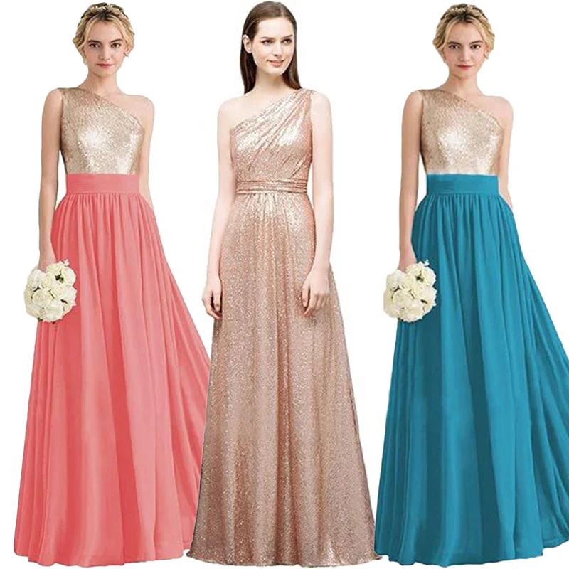 A Line Chiffon Sequined One Shoulder Elegant Strapless Bridesmaid Dresses Wedding Party Formal Prom Evening Lace Up Back