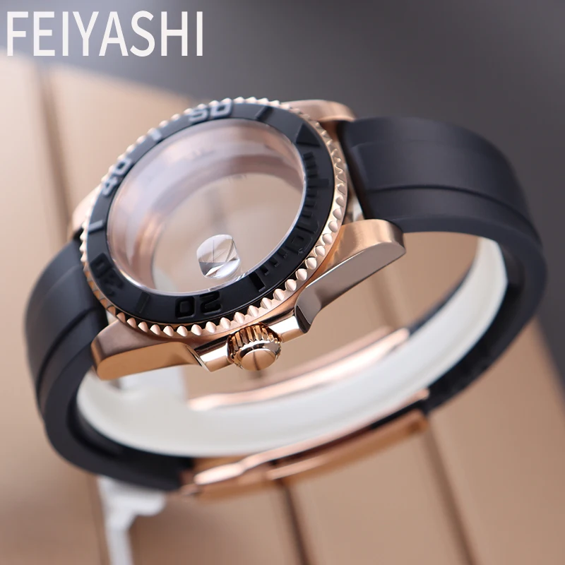 40mm Rose Gold Watch Cases Rubber Strap For Seiko NH34 NH35 NH36 NH38 Miyota 8215 Eta 2824 Movement Sapphire Glass 28.5mm Dial