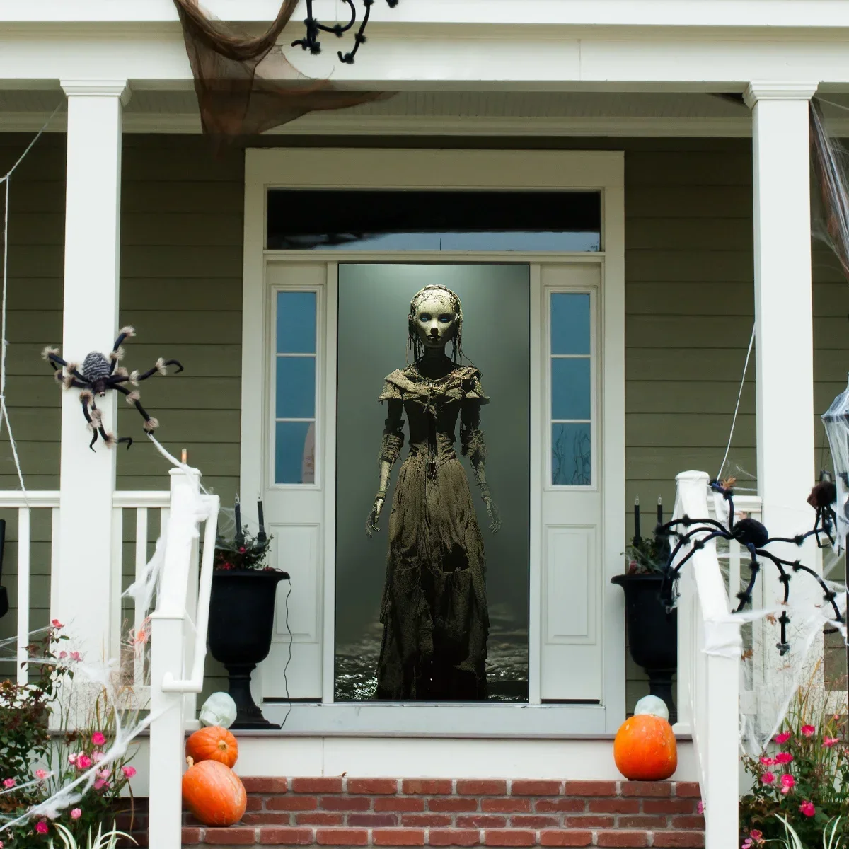 A 2D Halloween horror skull door cover - 180.34x88.9 cm polyester door panel, a terrifying background for party decoration