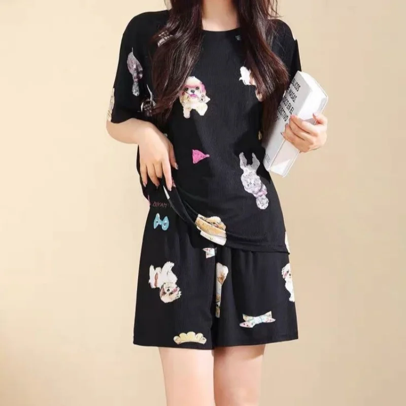 ชุด 2 ชิ้นสั้น O-คอแขนเสื้อตรงกางเกงขาสั้นการ์ตูนพิมพ์สบายๆสบายๆเสื้อผ้าผู้หญิง Homewear ชุดนอนสีขาวใหม่