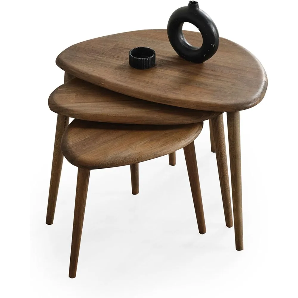

Solid Wood Nesting Coffee Table Set of 3 - Mid Century Modern Pebble Tables with Tapered Legs – Wooden Home Furniture in a Retro