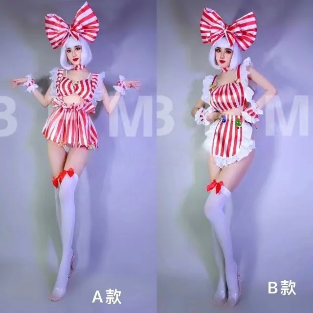 Cute Red  White Striped Bow Headress+Bikini+Socks Set Maid Uniform Christmas Costume Bar Nightclub Dancer Party Stage Outfit