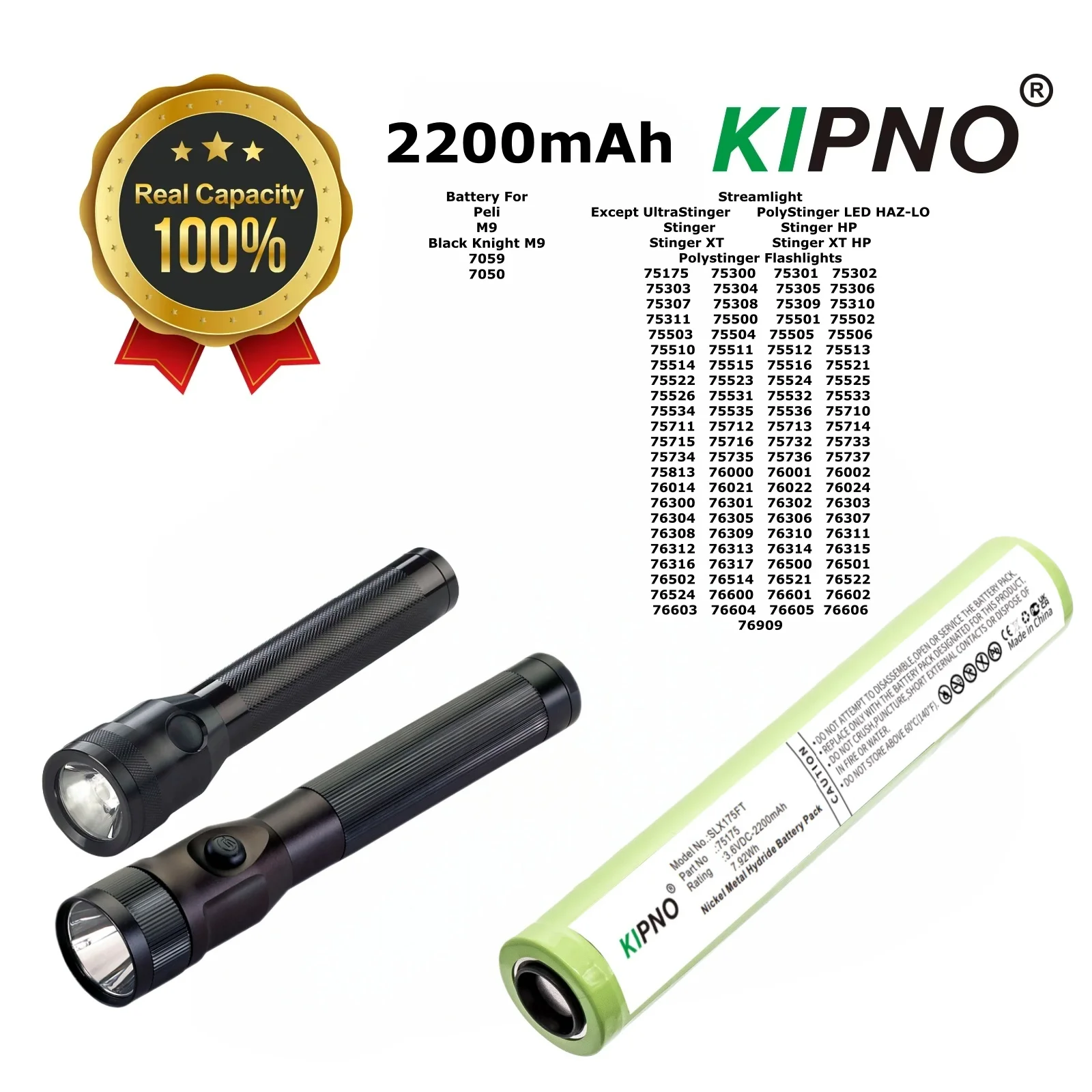 KIPNO Flashlight 2200mAh Battery 75175 75375 For Streamlight Except UltraStinger Peli M9 Stinger HP XT75300  75301 75303