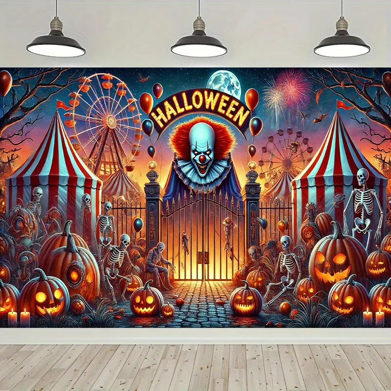 Geisterähnliches Halloween-Karnevals-Hintergrundbanner mit bösen Clown, Totenkopf, Kürbis und Zirkuszelt