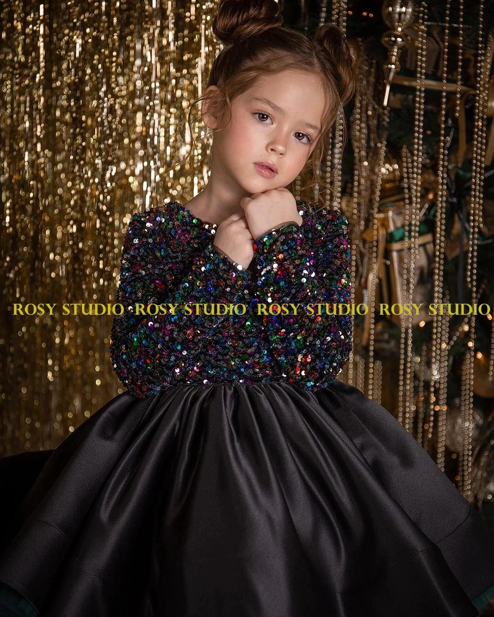 Fashion Black Sequin Girl's Pageant Dress Glitter A-line Knee Length Kids Evening Christmas Party Gown Flower Girl Dress