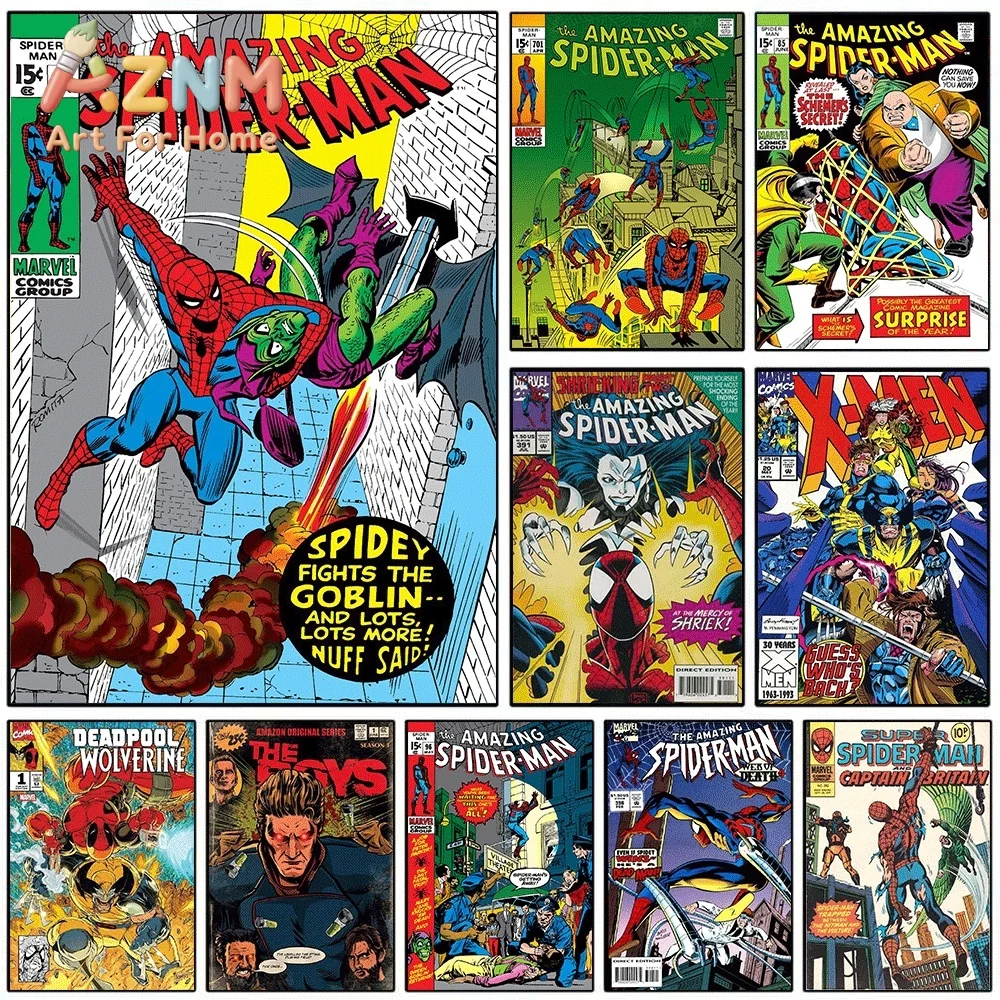 Spider Man Green Goblin X Men Deadpool Wolverine Vintage Comic Canvas Wall Art Unframed Single Canvas Print Superhero Poster H
