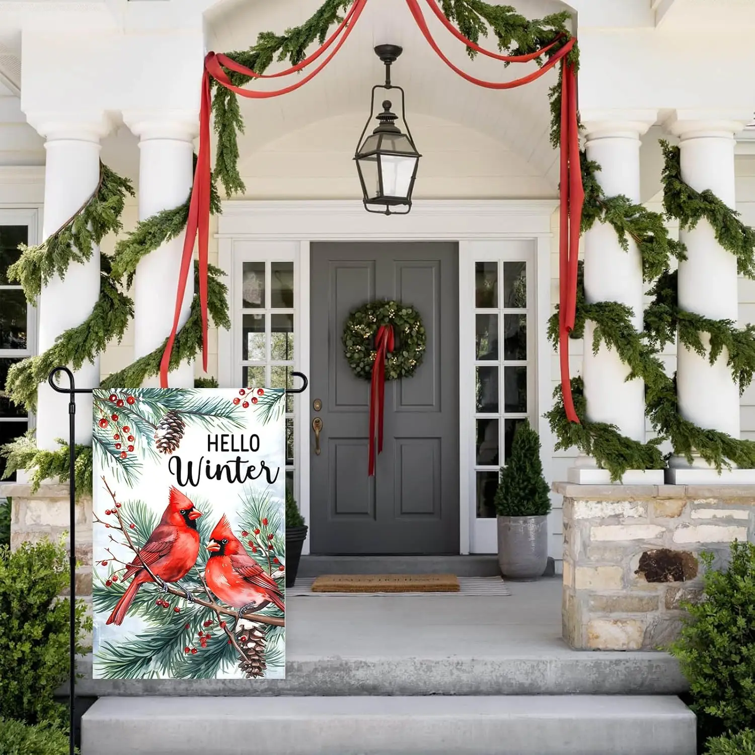 Hello Winter Garden Flag Red Bird Pinecone Tree Branch Seasonal Porch Courtyard Farmhouse Lawn Holiday Winter Flag 12x18 Inc EEZ