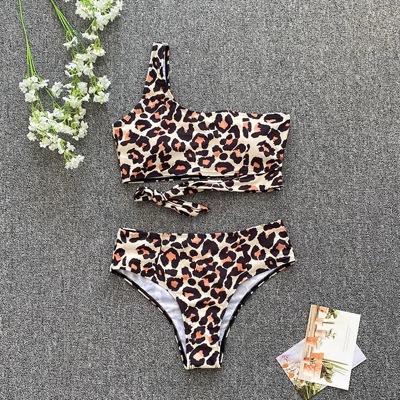 Bikini Swimwear One-Shoulder Tie-Back Separate Tank Top Swimsuit Two-Piece Leopard Print Beachwear for Summer Women Bikinis Set