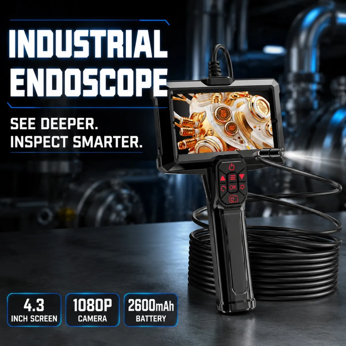 4.3‑Inch Handheld Industrial Endoscope Camera, 1080P HD Borescope with Adjustable LEDs for Sewer Pipe & Drain Inspection