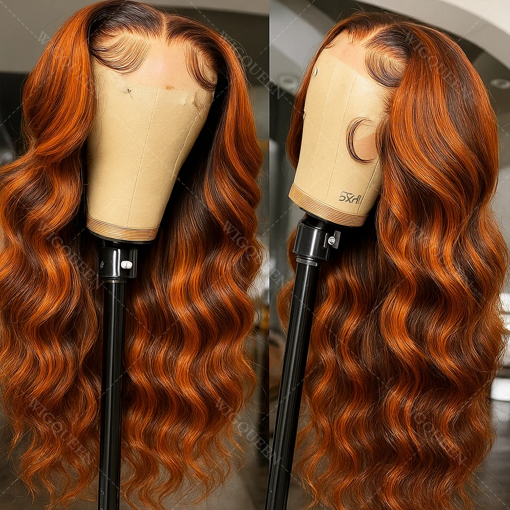 # 4/350 actualización Ombre marrón mezcla jengibre cuerpo onda resaltar peluca vietnamita 5x5 encaje frontal pelucas sin pegamento cabello humano listo para usar