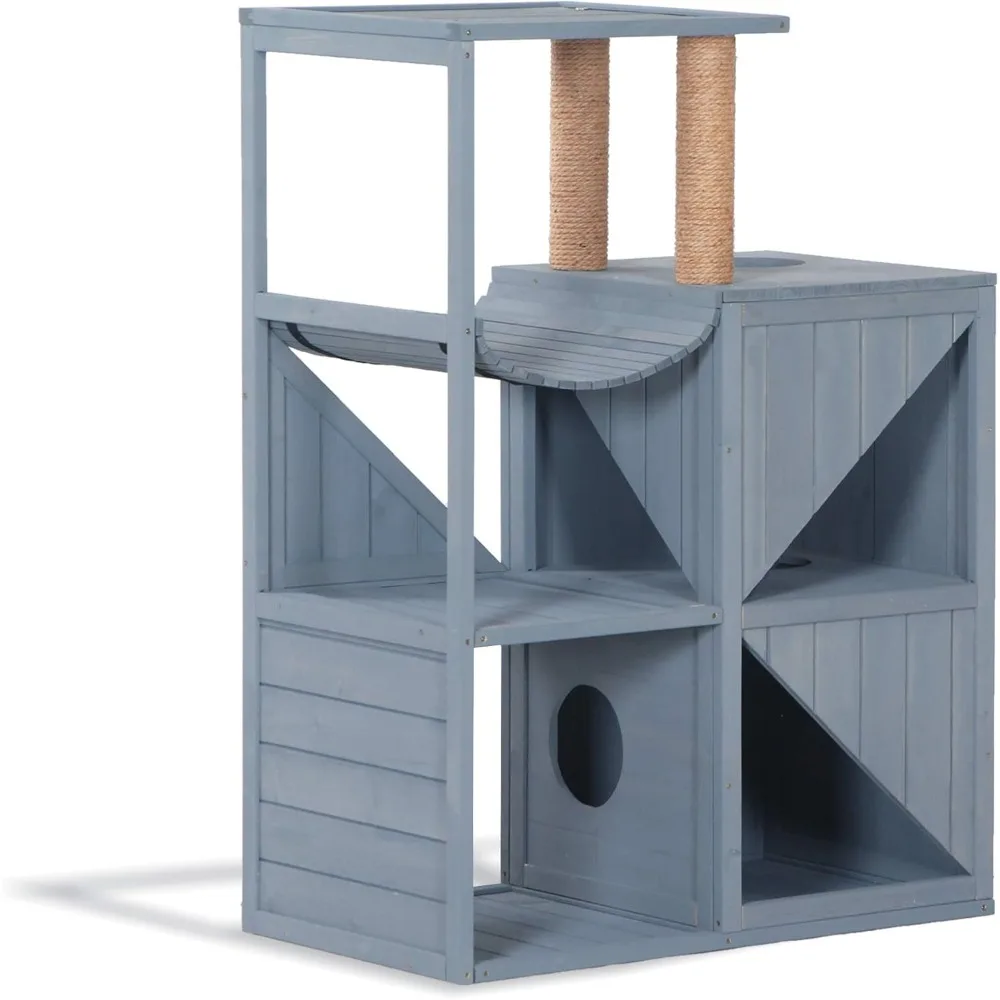 

Cat House with Scratcher, Wood Cat Condo Furniture for Indoor Cat, Cat Villa Enclosures Gray