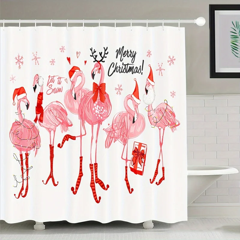 1pc Pink Christmas Shower Curtain, Waterproof Shower Curtain Including 12 Hooks, Curtain For Windows, Bathroom Partition, Bathro